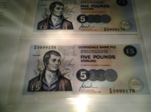 Picture of the Clydesdale Bank five pound note with Robert Burns on it.