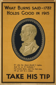 Recruitment poster for WW1 featuring the bust of Robert Burns and a quote from one of his poems, trying to encourage people to enlist.
