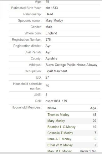 The 1881 Census record for the Morley family.